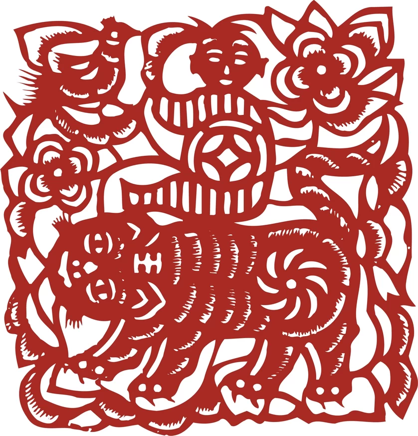中国风中式传统喜庆民俗人物动物窗花剪纸插画边框AI矢量PNG素材【1617】